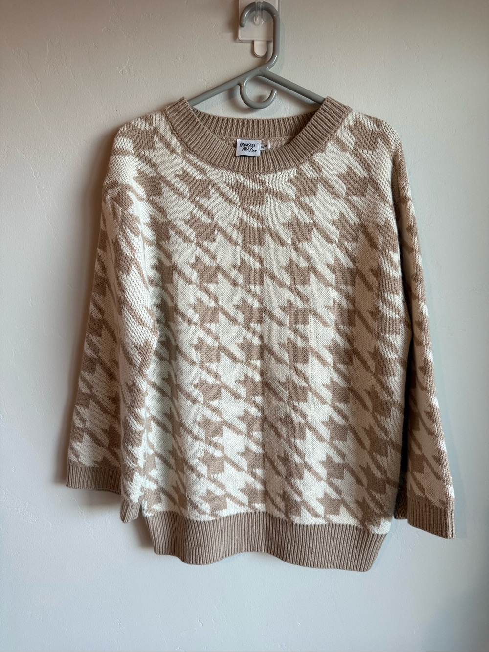 Princess Polly Beige & Cream Houndstooth Crewneck Sweater